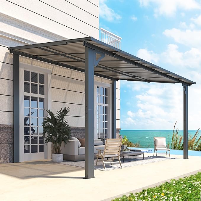 AECOJOY 12' x 8' Gazebo Outdoor Pergola for Patio, Hard Top Lean to 8x12 Gazebo Shelter Pergolas and Gazebos Clearance with Patio Roof, Large Wall-Mounted Heavy Duty Awnings for Patio, Decks, Backyard