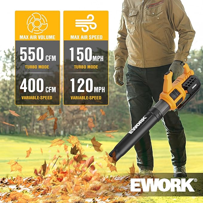 EWORK 21V Cordless Leaf Blower, Powerful Turbo Mode & 550 CFM, 2×3.0Ah Batteries & Fast Charger, Lightweight Electric Leaf Blowers for Lawn Care, Patio, Leaves & Dust