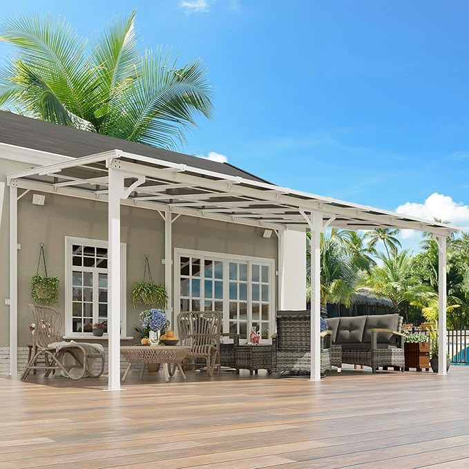 MEISSALIVVE 12' x 16' Wall Mounted Lean to Metal Awning with Sloped Roof, Outdoor Patio Gazebo Awning for Backyard, Deck, White
