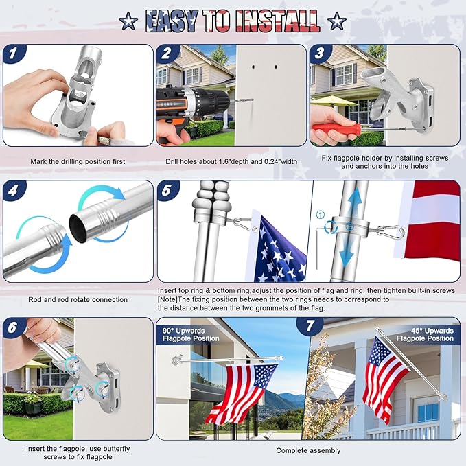 REERON Flag Pole for Outside House Porch Wall Mount, 7 FT No Tangle Stainless Steel Spinning Flagpole Kit with 1" 360° Metal Flag Pole Rings Clips & 2-Position Holder for 3x5' 4x6' American Flags