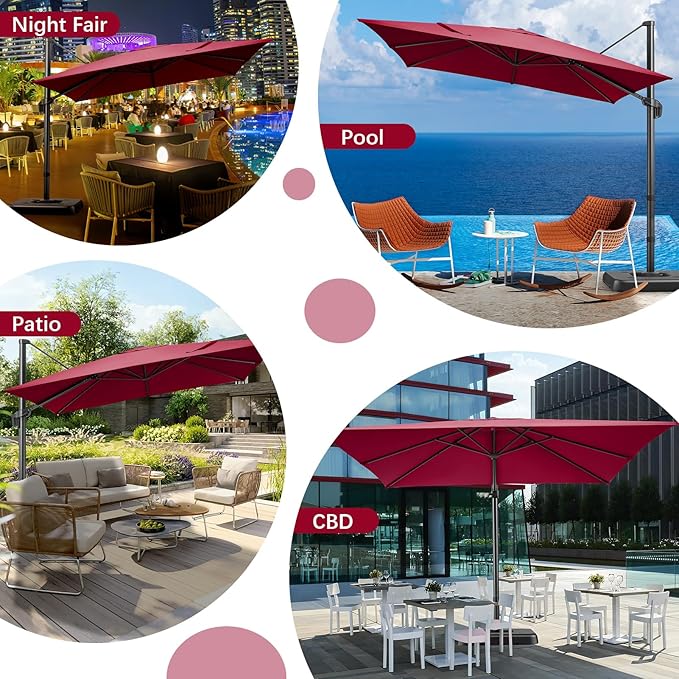 Hotime 10ft Patio Umbrella Outdoor Patio Windproof and Height adjustable, Heavy Duty Aluminum Square Offset Patio Umbrella Cantilever Pool Umbrella with 360°Rotation for Garden Deck Pool, Wine Red