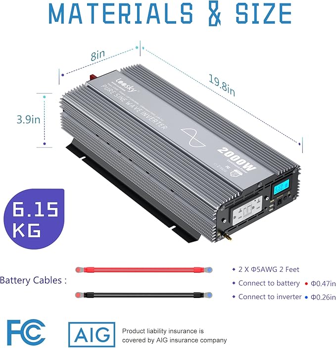 2000W Pure Sine Wave Power Inverter 12V DC to 120V AC with LCD Display Remote GFCI Outlets FCC Approved Compatible with Lithium Battery Starlink for Solar Off-Grid Home Car RV Truck LEESKY