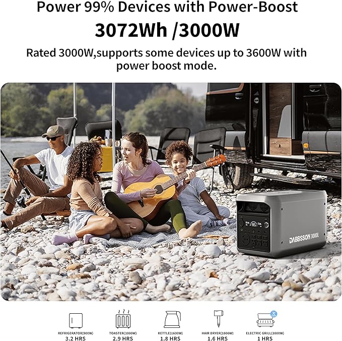 DABBSSON 3072Wh Solar Generator with 210W Solar Panel, Semi-Solid LiFePO4, 3000W AC Output×6,TT-30×1 for Charging RV,P-Boost 3600W,Lightweight,1.3X Runtime,3000L Power Station for Camping Home Backup
