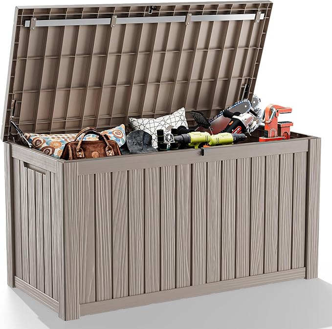ROJIK Outdoor Storage Housing Deck Box - Waterproof Patio Furniture, Garden Tools, Cushions, Pool Accessories Storage Bench with Lockable Lid and Side Handles (Grey 200 Gal)