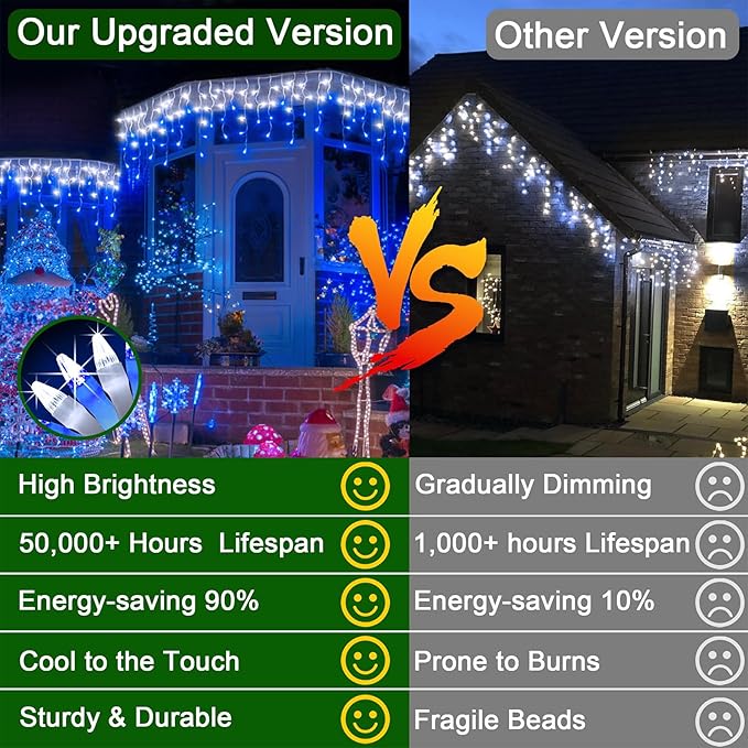 66FT 670 LED Outdoor Christmas Lights - 148 Ice Drops, 12 Pro Modes with Timer Memory & Brightness, Waterproof Hanging Ice String Light for Holiday Wedding Garden Fence House Decor (White & Blue)