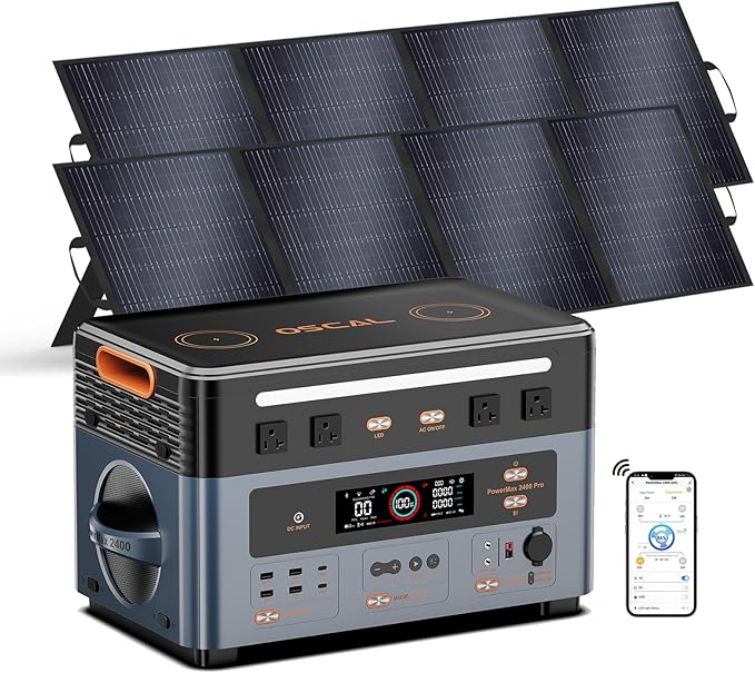 OSCAL 2400W Power Station with 2 * 200W Solar Panels, 1872Wh Solar Generator with 4 AC Outlets (5000W Peak), 1.45H Full Charging, APP Control Battery Backup for Home, Camping & RVs