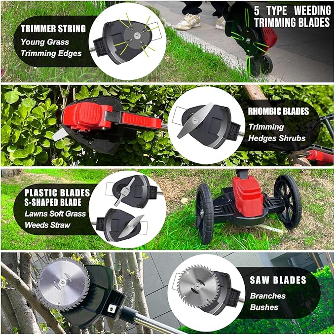 Cordless Weed Wacker Eater Battery Powered, 21V Lightweight Electric Weed Trimmer with 2 Battery Operated & Charger& Wheels & Shears, No-String Grass Trimmer/Brush Cutter/Lawn Edger for Yard Garden