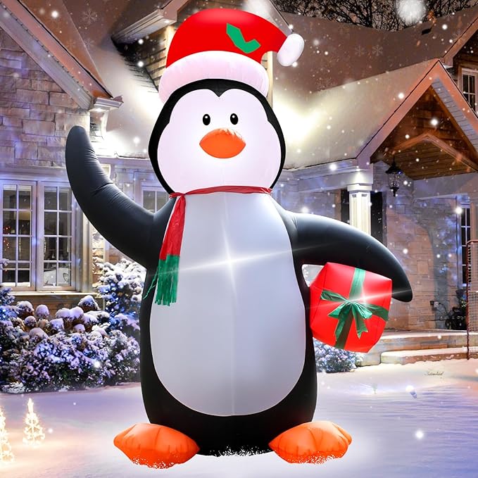 12 Feet Christmas Inflatable Penguin Holding Gift LED Lights Outdoor Decoration for Lawn Garden Entrance Holiday Party Festive Atmosphere Cute Toy