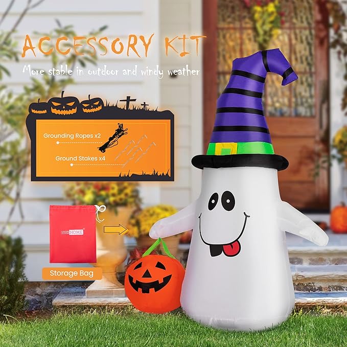 VIVOHOME 5FT Halloween Inflatable Yard Decor, White Ghost with Pumpkin, Outdoor Blow Up with Built-in LED Light for Lawn, Garden, Party