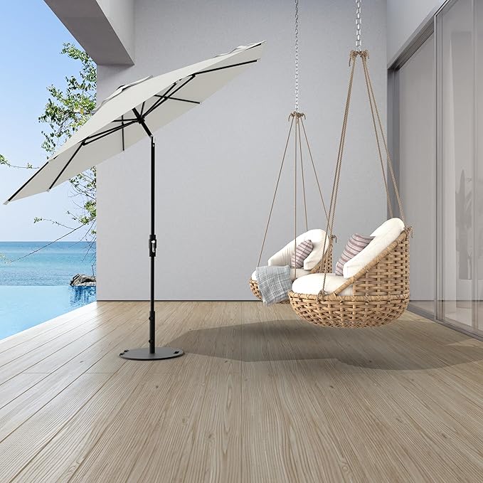 Midtown Umbrellas The Swilt 8 Feet Patio Umbrella in Terylast Off Cream (Off White) Polyester Fabric - Fiberglass Ribs, Auto-Tilt Aluminum Frame For Backyard, Deck, Garden, Pool - White Pole