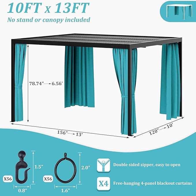 Gazebo Universal Replacement Privacy Curtain,10'×13' Gazebo Outdoor Waterproof Curtains, 4-Panels Sidewall Curtains with Double Zipper for Patio Canopy, Garden and Backyard (Curtain Only)