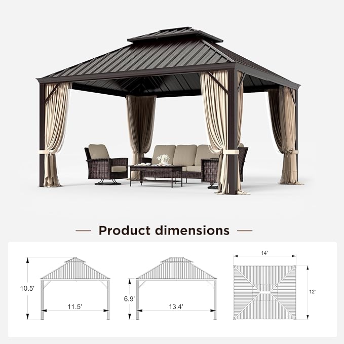 GREEN PARTY 12 X 14ft Hardtop Gazebo with Nettings and Curtains, Heavy Duty Double Roof Galvanized Steel, Outdoor Aluminum Gazebos Pergolas for Patios, Backyard, Deck, Garden, Lawns