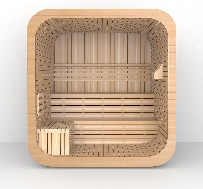 Square Outdoor Sauna, Canadian Spruce Sauna 6 Person, 220V 6KW ETL Toule Heater, Waterproof System, Large Glass Windows, Double Reinforcement, Milk White(0-195 °F)