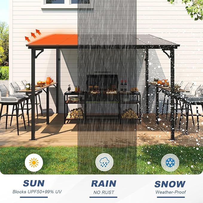 MEISSALIVVE 10' x 10' Wall Mounted Gazebo, Outdoor BBQ Grill Gazebo with Side Shelf, Lean to Metal Awnings with Sloped Roof, Heavy Duty Pergola for Backyard, Deck, Black
