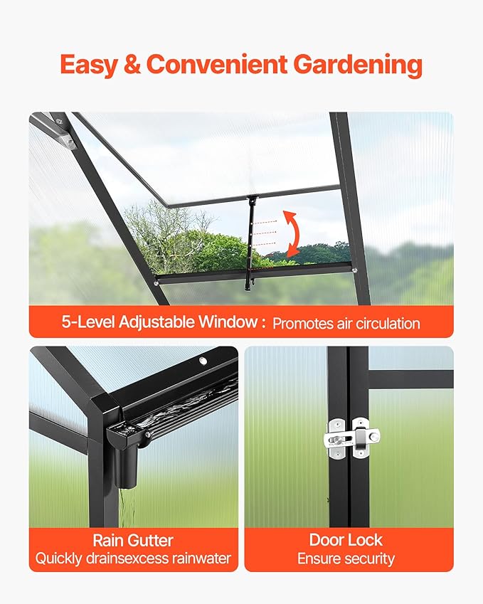 VEVOR 8 x 12 FT Polycarbonate Greenhouse, Heavy Duty Outdoor Green House with Adjustable Vent & Push-Pull Lockable Door, Quick Setup, Aluminum Frame Walk-in Greenhouse Sunroom for Outside Garden Lawn