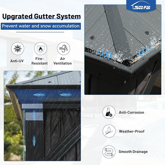 Outdoor Hardtop Gazebo for Patio 12x12FT with Resin-Galvanized Steel Roof, Metal Hard Top Gazebo with Gutters, Heavy Duty Gazebos All Season with Curtains & Netting, for Deck, Backyard, Hot Tub