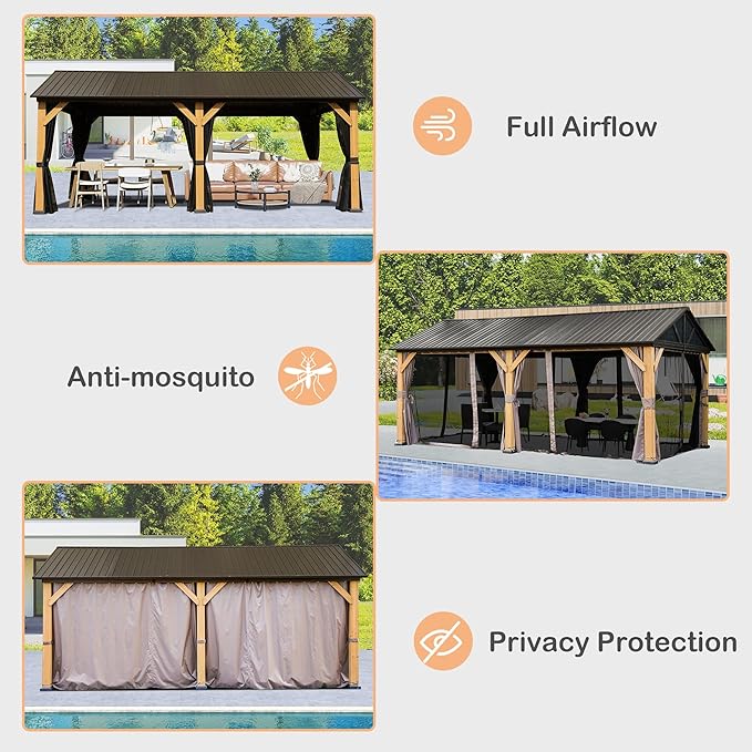 Domi 12x20FT Cedar Wood Hardtop Gazebo with Curtains and Netting, Galvanized Steel Gable Roof, Hooks, Heavy Duty Outdoor Pavilion All Weather Pergola for Patio, Deck, Backyard