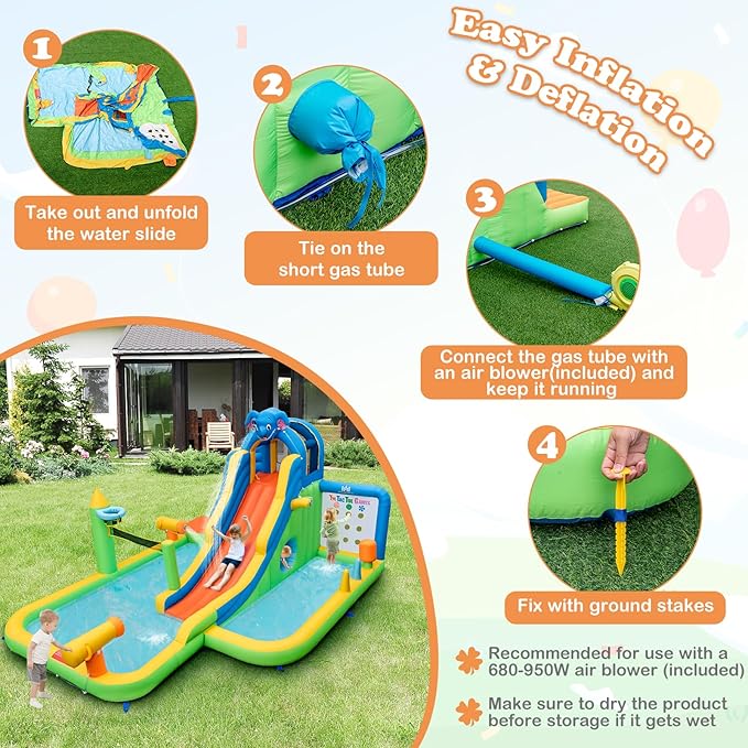 BOUNTECH Inflatable Water Slide, Elephant Surfing Slide Kids Water Park Jump Bouncy Castle w/2 Splash Pools, Hide & Seek Cave, GFCI Blower, Water Slides Inflatables for Big Kids Outdoor Backyard Gifts