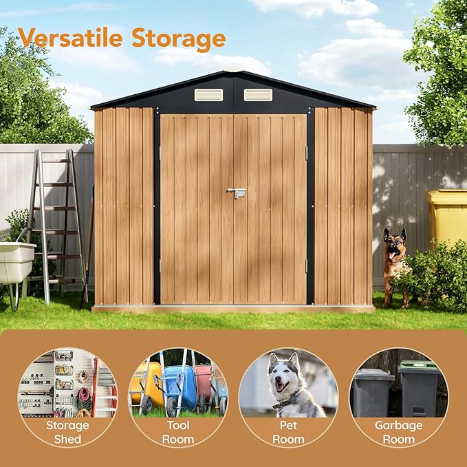 8X6 FT Garden Storage Shed with Lockable Door,Steel Tool Shed with 1 Clear Window, Anti-Corrosion Metal Shed for Backyard Patio Lawn (Wood Panels & Frame Floor Not Included)(Light Wood Grain)