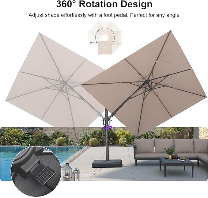 PURPLE LEAF 9' X 12' Swivel Outdoor Patio Aluminum Umbrella with Base Left-right Tilting Cantilever Offset Umbrella with UV Resistant Heavy Duty Fabric for Deck Pool Patio Backyard, Sand Dune