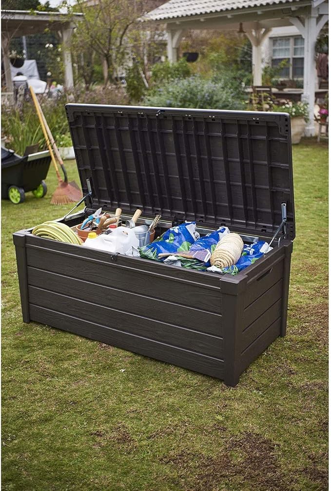 Keter Brightwood 120 Gallon Resin Large Deck Box for Patio Garden Furniture, Outdoor Cushion Storage, Pool Accessories, and Toys, Brown, 57L x 27.5W x 23.7H in.