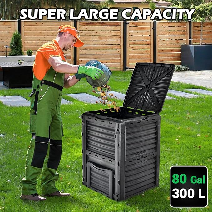 Happygrill Outdoor Compost Bin, Composting Box w/Top Flip Latch-on Lid,80 Gallons Composter for Kitchen Waste & Garden Scraps, Compost Barrel for Fast Creation of Fertile Soil (Black)