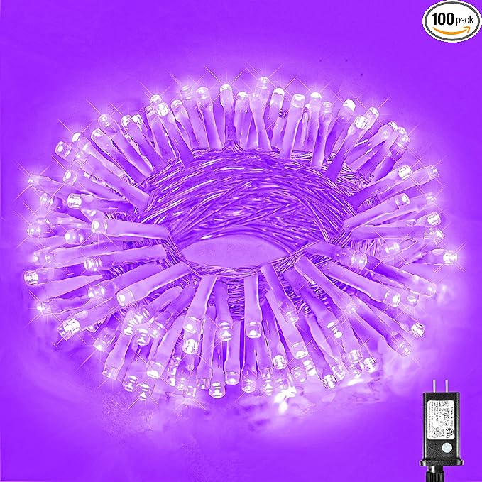 Vivideal 100 LED Halloween Lights Outdoor Waterproof 33ft Purple String Lights Clear Wire with 8 Modes Plug in Purple Christmas Light for Tree Party Halloween Decorations
