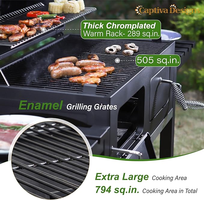 Captiva Designs Extra Large Charcoal BBQ Grill with Oversize Cooking Area(794 SQIN), Outdoor Cooking Grill with 2 Individual Lifting Charcoal Trays and 2 Foldable Side Tables