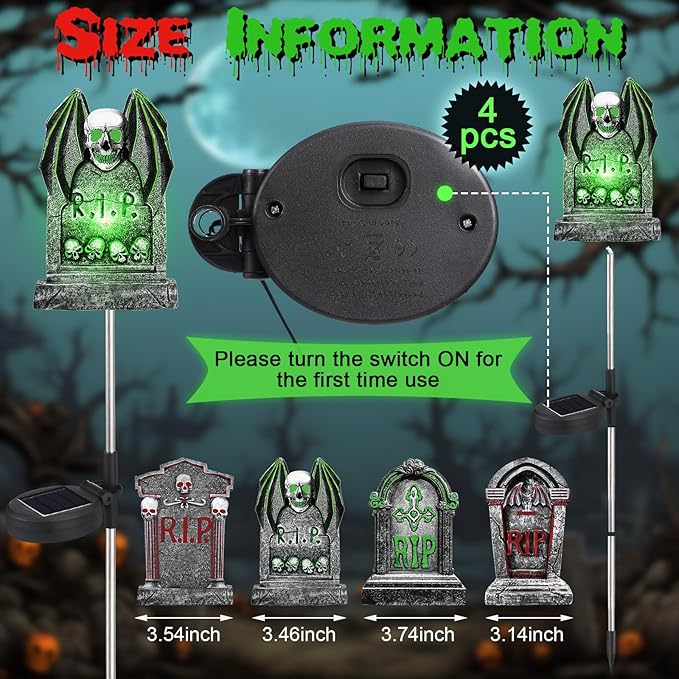 Retisee 4 Pack Halloween Tombstone Solar Lights Outdoors Graveyard Tombstones Glow in The Dark Solar Yard Decorations Waterproof Lights Pathway Halloween Party Favors for Lawn Porch LED(Gravestone)