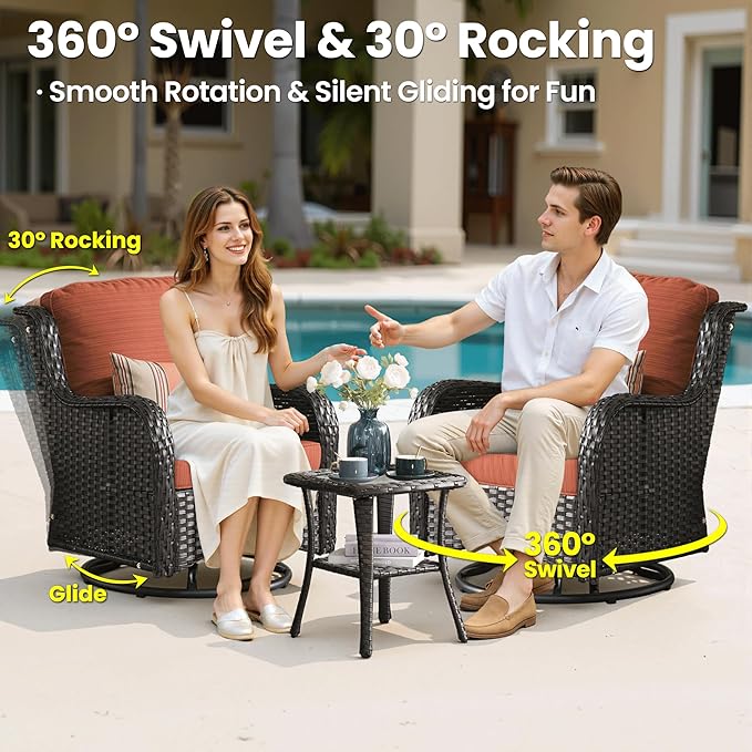 ovios 7 Pieces Patio Furniture Set, Outdoor Wicker Sofa Couch with Swivel Chairs 42" Fire Pit Table, High Back All Weather Modern Conversation Sets, Brown Rattan, Orange Red