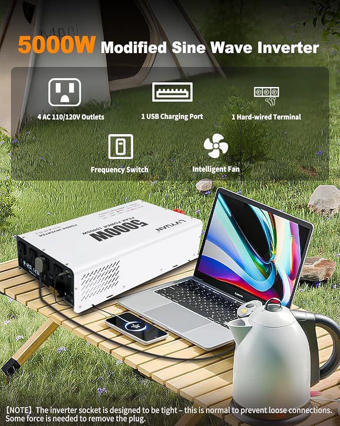 LVYUAN 5000 Watt Power Inverter 12V to 110V 120V DC to AC Converter with 4 AC Outlets, LCD Display, USB Charge Port, Remote Control for Home RV Vehicle Outdoor Camping Car Power Inverter