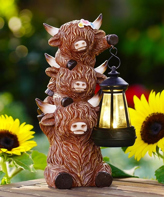 Solar Highland Cow Outdoor Decor:Garden Statue Outside Lantern Ornaments for Yard Lawn Patio Porch- Unique Gifts for Mom Women Grandma(Brown)