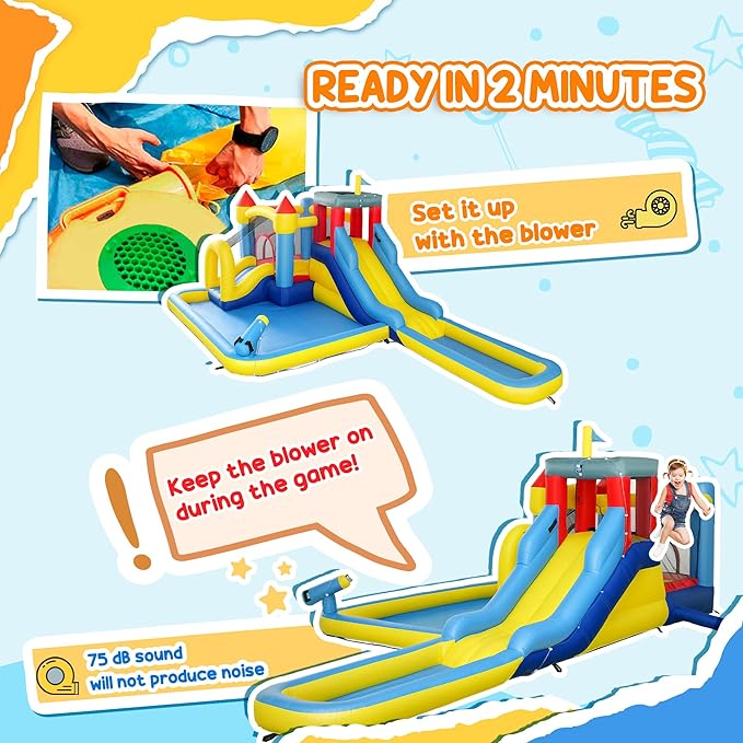 Qaba Inflatable Water Slide, Kids Bounce House Park 6 in 1 with 550W Blower, Splash Pools, 2 Slides, Trampoline, Climbing Wall, Cannon, Basketball Hoop, for Backyard, Party
