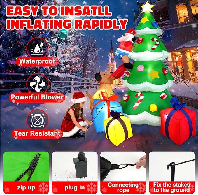 HFO 8ft Christmas Inflatable Outdoor Decorations, Blow up Christmas Tree Yard Decor with Dog Bite Santa Claus 3 Wrapped Gift Boxes, Bright LED Lights Christmas Outdoor Decorations