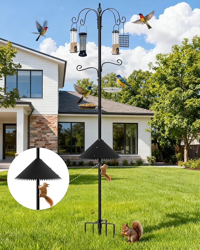 Bird Feeding Station, 94 Inch Wild Bird Feeders Pole with Wide Squirrel Baffle, 6-Hook, 4 Feeders, Water and Mesh Tray Humming Bird Feeders Stand for Outdoors Courtyards Gardens