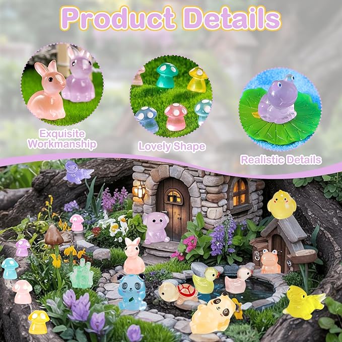 120 Pcs Luminous Mini Resin Animals 12 Styles Glow in The Dark Mini Ducks Pigs Frogs Turtles Chicks Rabbit Puppies Lizards Micro Landscape Decorations for Fairy Garden Landscape Dollhouse Decor Crafts