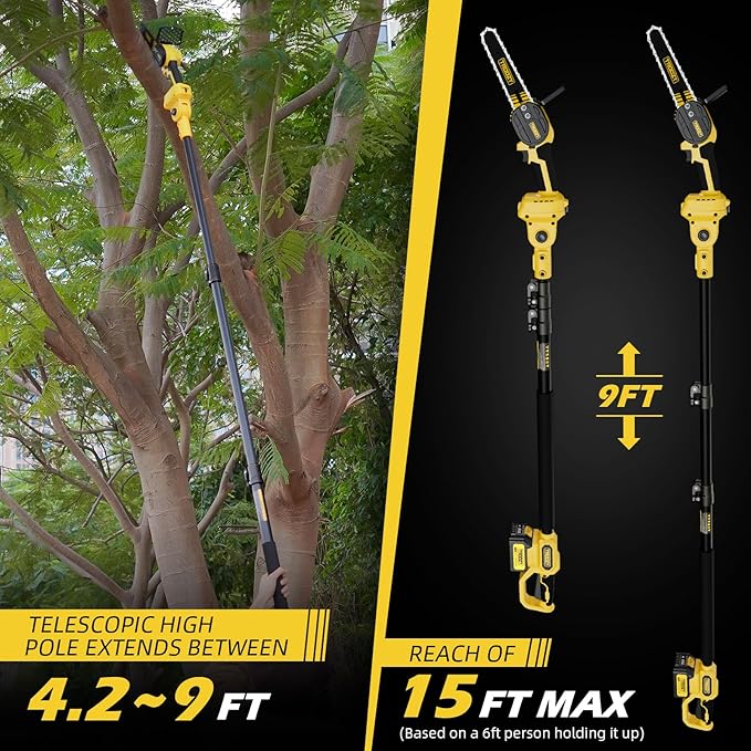 2-in-1 Cordless 6" Pole Saw & Chainsaw, 21V 3Ah Battery, 7.7lb Lightweight, 15ft Max Reach, Rotatable - For Tree Trimming