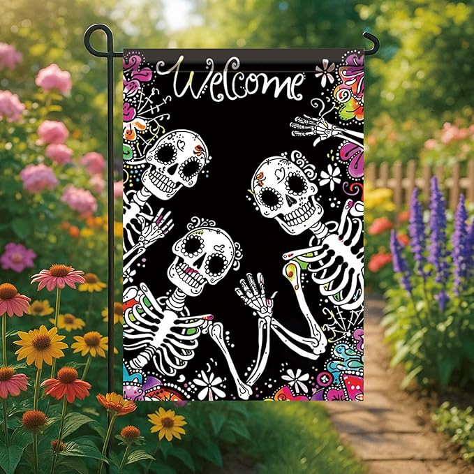 Halloween Skeleton Garden Flag 12x18 Inch Double Sided for Outside Skeletons with Flowers Yard Flag for Outdoor Holiday Home Decor
