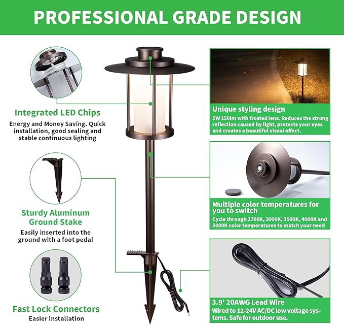 Pathway Landscaping Lighting Low Voltage, 5CCT Adjustable Setting Garden Path Light LED 12V, Outdoor Waterproof Walkway Lights, 5W 150LM ORB All Aluminum for Outside Patio Yard (10 Pack)