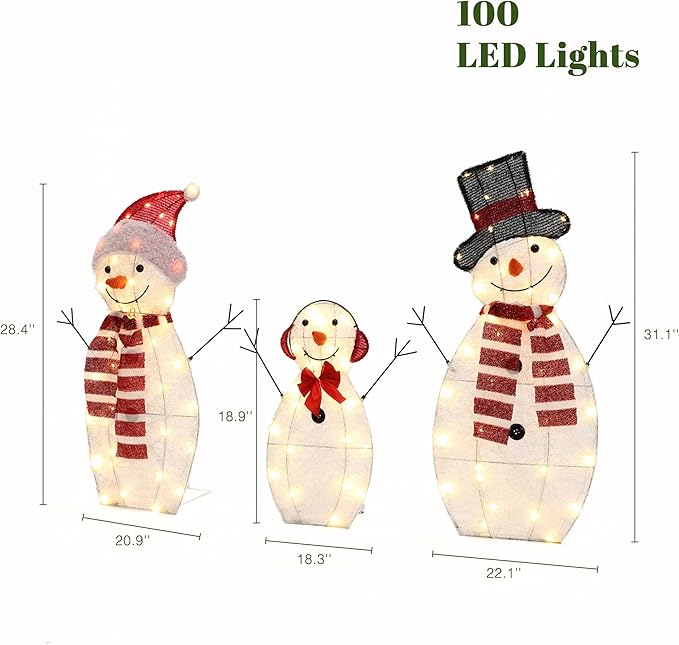 LuxenHome 30" Lighted Snowman Family Outdoor Decorations, 2D Flocked Snowman Family Holiday Decorations Outdoor and Indoor Holiday Display, Christmas Yard Decorations with 100 LED Lights