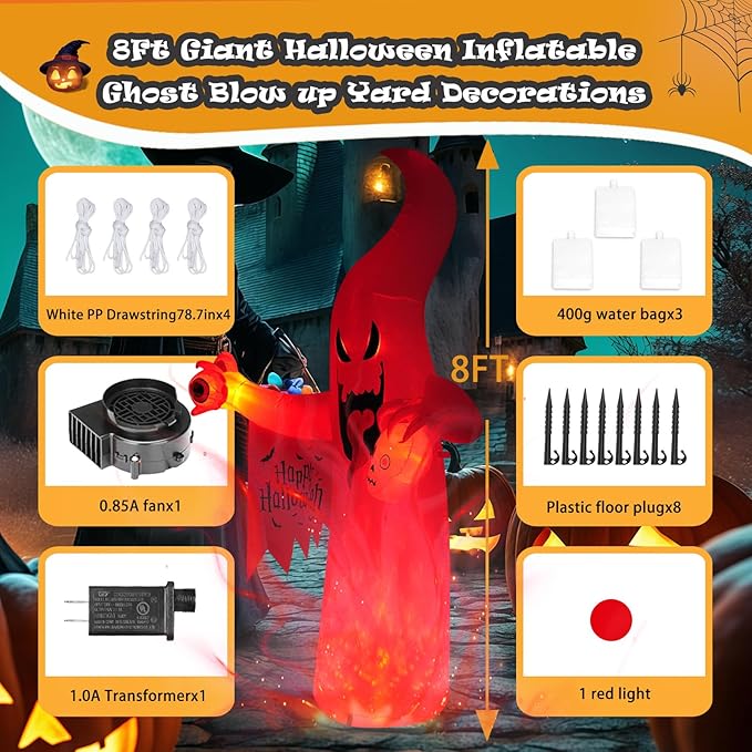 Halloween Inflatable Ghost Decoration, LED Color Changing Lights, Outdoor Yard Decor with Wings (8FT Casper The Ghost)