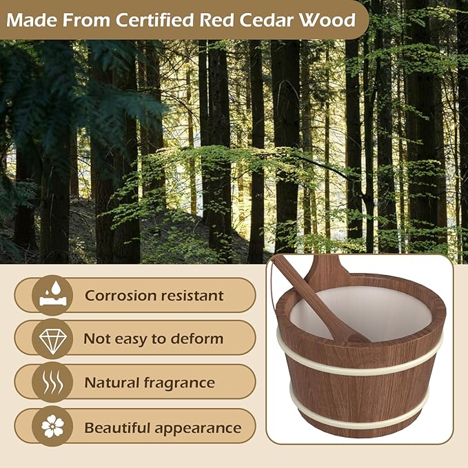 Sauna Bucket and Ladle, Sauna Accessories Made of Hand-Made Red Cedar, Wooden Sauna Set with Plastic Lining and Handle