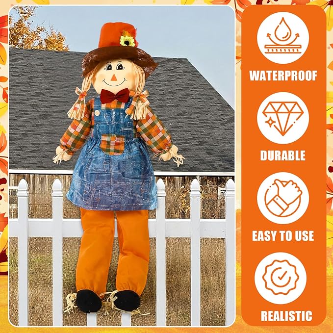 Marsui 1 Pcs 59" Large Outdoor Scarecrow Fall Harvest Thanksgiving Halloween Decoration, Life Size Standing or Sitting Scarecrow Outside Decor for Autumn Garden Yard Porch (Girl)