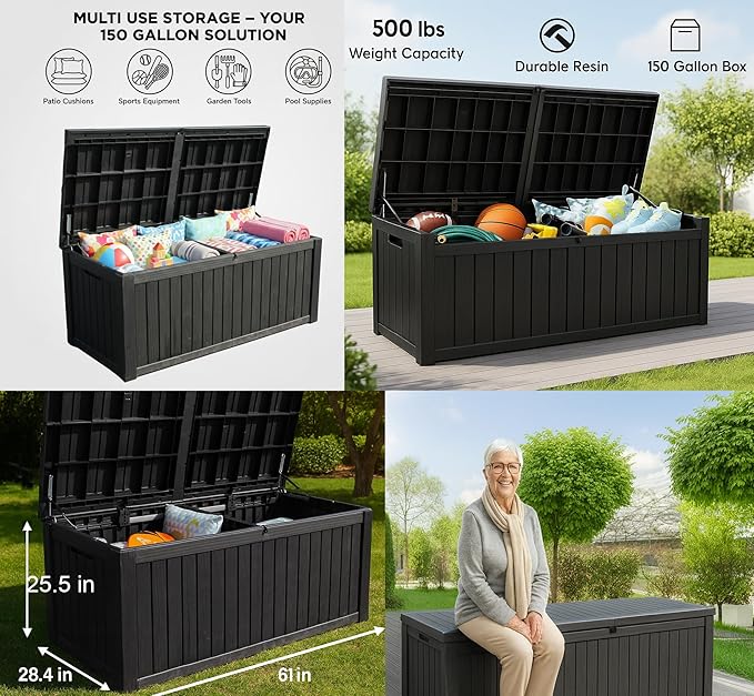 BTEXPERT 150 Gallon Outdoor Storage Container Deck Box with Metal Support Rods for Patio Furniture Garden Tools Waterproof Lockable UV Resistant Resin Set of 2