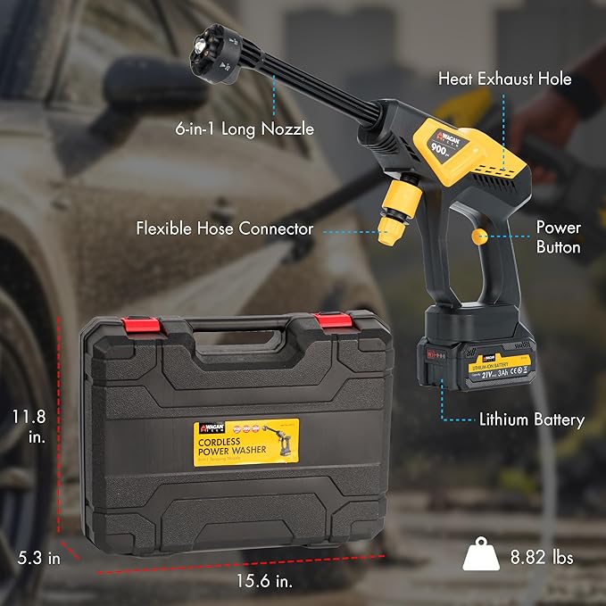 Wagan EL6312 Cordless Power Pressure Washer with 6-in-1 Long Nozzle 970PSI Portable Power Washer with 2 Rechargeable 3.0Ah Batteries Using for Car, Garden, Floor Cleaning