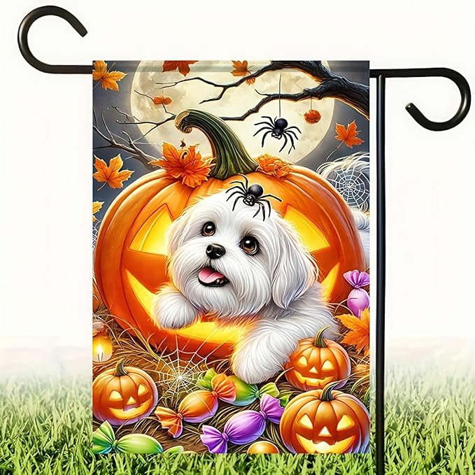 Welcome Halloween Garden Flag 12 x 18 Double Sided Maltese-Dog Garden Flag Lantern Pumpkin Black Yard Small Flag Lawn Outside Decor Funny Holiday Outdoor Home Decoration Banner