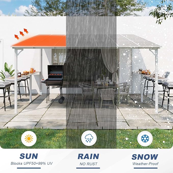 MEISSALIVVE 12' x 14' Wall Mounted Gazebo, Outdoor BBQ Grill Gazebo with Side Shelf, Lean to Metal Awnings with Sloped Roof, Heavy Duty Pergola for Backyard, Deck, White