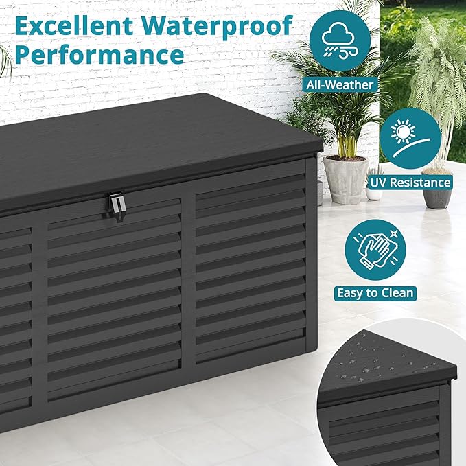 HUGROVE Resin Deck Box, 130 Gallon Outdoor Storage Box with Lockable Lid, Waterproof Patio Storage for Garden Tools & Outdoor Accessories (Dark Black) (Dark Black)