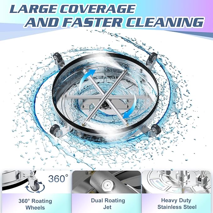 24" Pressure Washer Surface Cleaner with 4 Wheels - Dual Handle Stainless Steel Surface Cleaner with 4 Wheel, Pressure Washer Attachment for Concrete, Patio, Sidewalk, Deck, Driveways