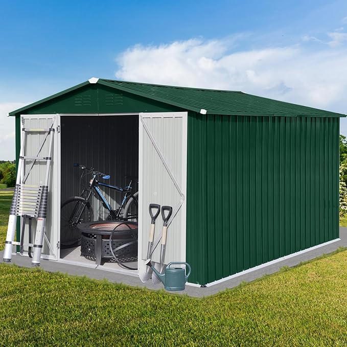 Favfurish 10x8 FT Metal Garden Sheds with Hinged Door and Padlock & Punched Vents,Aluminum Outdoor Storage Shed w/Eco-Friendly Painting,for Bike, Barbeque,Tool,Green+White